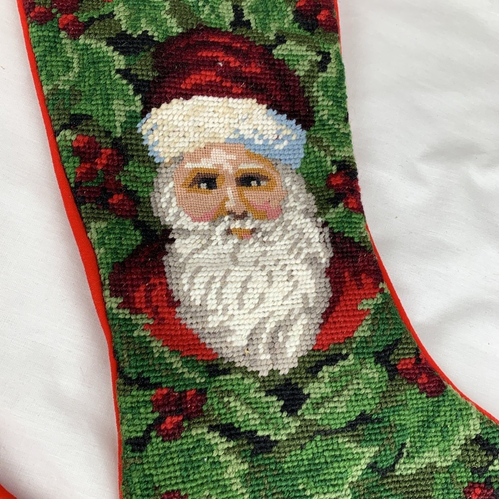 Vintage Needlepoint Christmas Stockings Set of 2 Santa Claus Holly Red Velvet - Picture 7 of 9